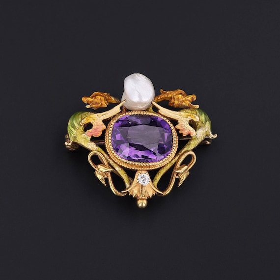 Art Nouveau Enamel Dragon Brooch 14k Gold - image 1