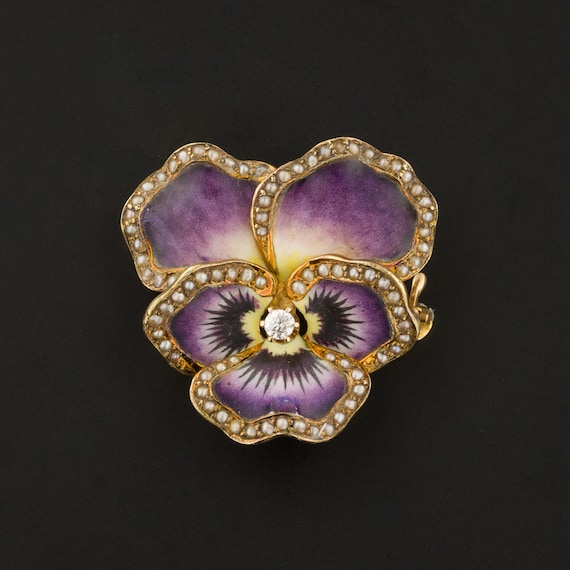 Antique Pansy Brooch | Antique Enamel Pansy with P