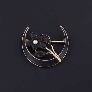 Antique Black Enamel Crescent Moon and Flower Brooch of 10k Gold image 1