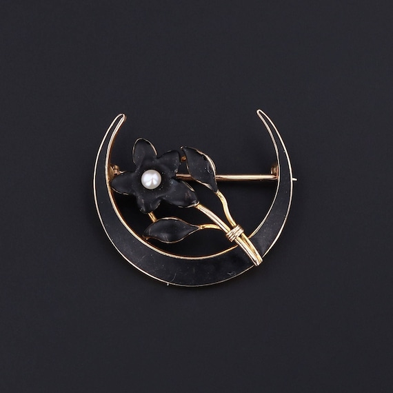 Antique Black Enamel Crescent Moon and Flower Bro… - image 1