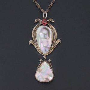 Arts and Crafts c1900 Antique Colorful Blister Pearl Sterling Silver Pendant and Chain Necklace