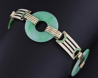 Art Deco Jade and Enamel Bracelet of 14k Gold