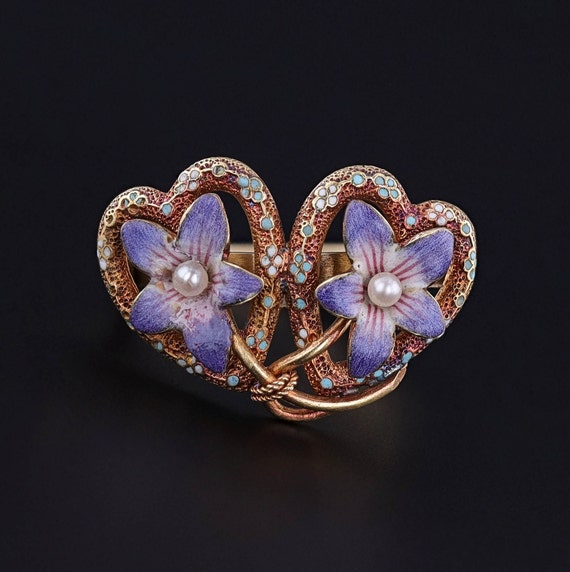 Antique Enamel Violet Heart Ring of 14k Gold - image 2