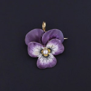 Antique Enamel Pansy Pendant Brooch of 14k Gold image 1