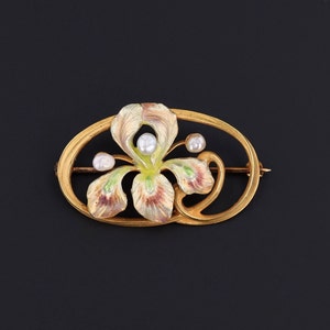 Antique Enamel Iris Flower Brooch of 14k Gold image 1