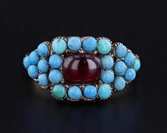 Antique Turquoise and Garnet Ring of 14k Gold