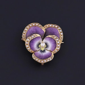 Antieke paarse geëmailleerde vioolbroche van 14 kt goud van Krementz