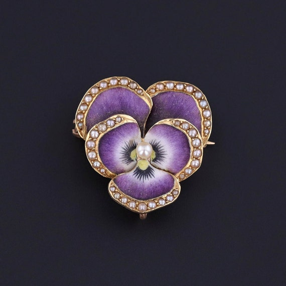 Antique Purple Enamel Pansy Brooch of 14k Gold by 