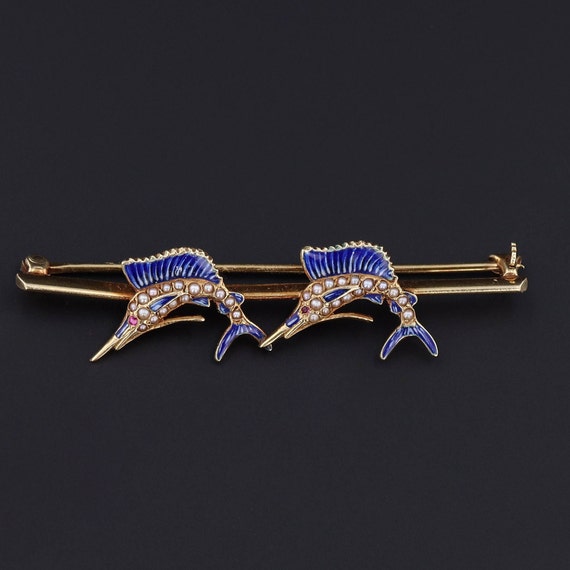 Antique Enamel and Pearl Sailfish Brooch of 14k G… - image 1