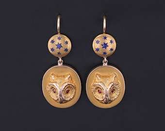 Antique Owl Conversion Earrings of 14k Gold