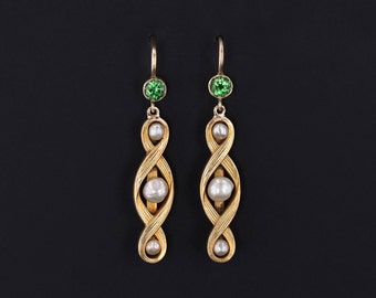 Antique Pearl and Tsavorite Garnet Earrings of 14k Gold