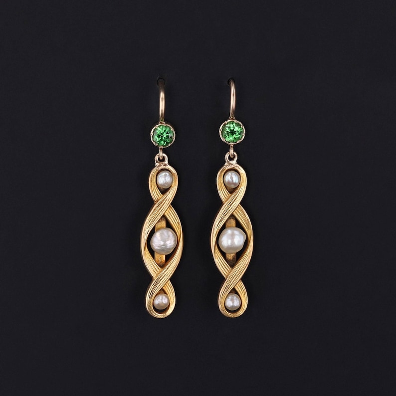 Antique Pearl and Tsavorite Garnet Earrings of 14k Gold image 1