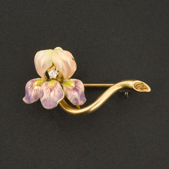 Orchid Pin | Antique Enamel Flower Pin | 14k Gold