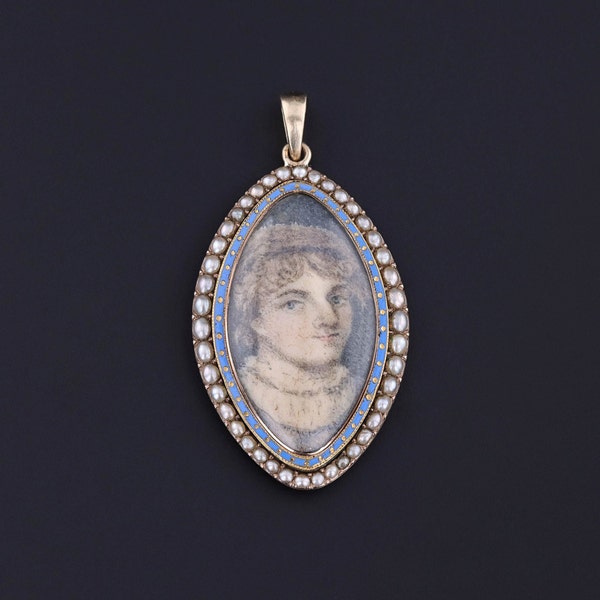 Georgian Hand Painted Portrait Miniature Pendant in 10k Gold