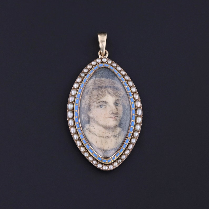 Georgian Hand Painted Portrait Miniature Pendant in 10k Gold image 1