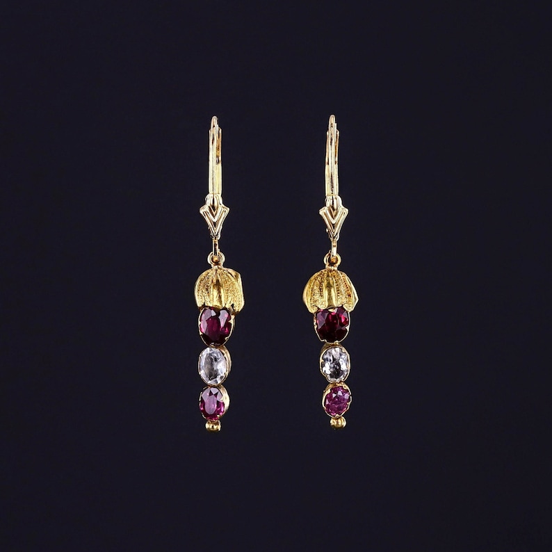 Antique Garnet and Rock Crystal Conversion Earrings of 14k Gold image 1