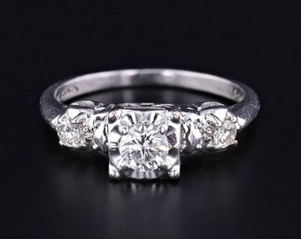 Vintage Diamond Engagement Ring of 14k White Gold