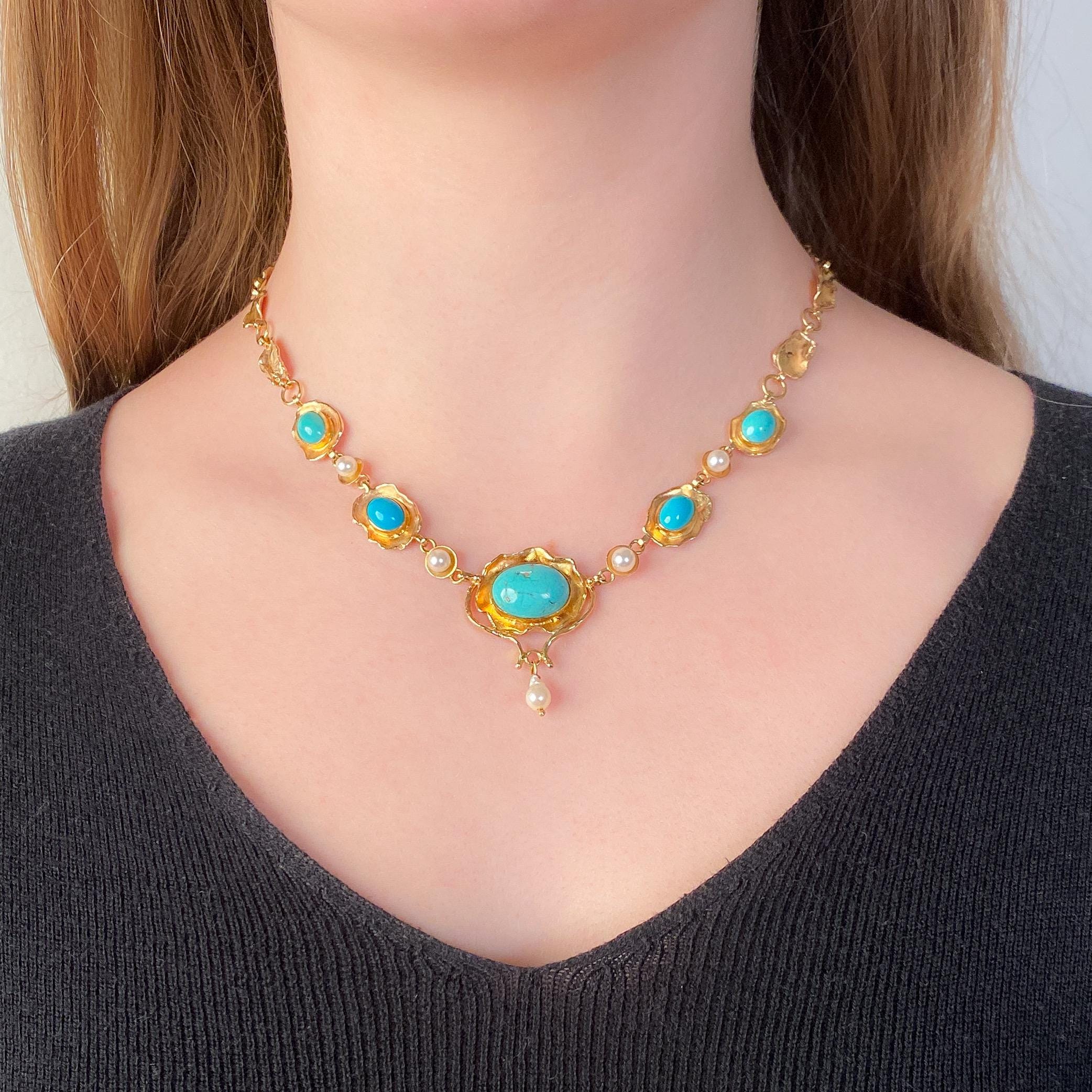 Collier Vintage - Chaine Or Avec Perles Et Pierre Turquoise - Bijou Ancien N°5381 - Occasion Vérifié