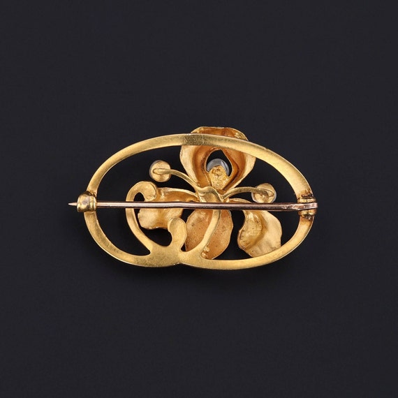 Antique Enamel Iris Flower Brooch of 14k Gold - image 3