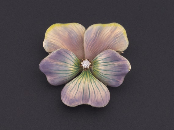 14k Gold & Diamond Pansy Brooch | Antique Pansy Br