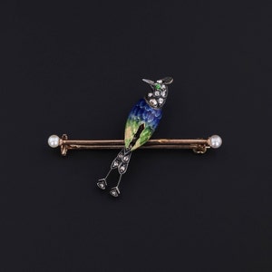 Antique Enamel Diamond & Pearl Bird Brooch