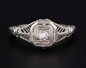 Art Deco Filigree Diamond Ring of 18k White Gold