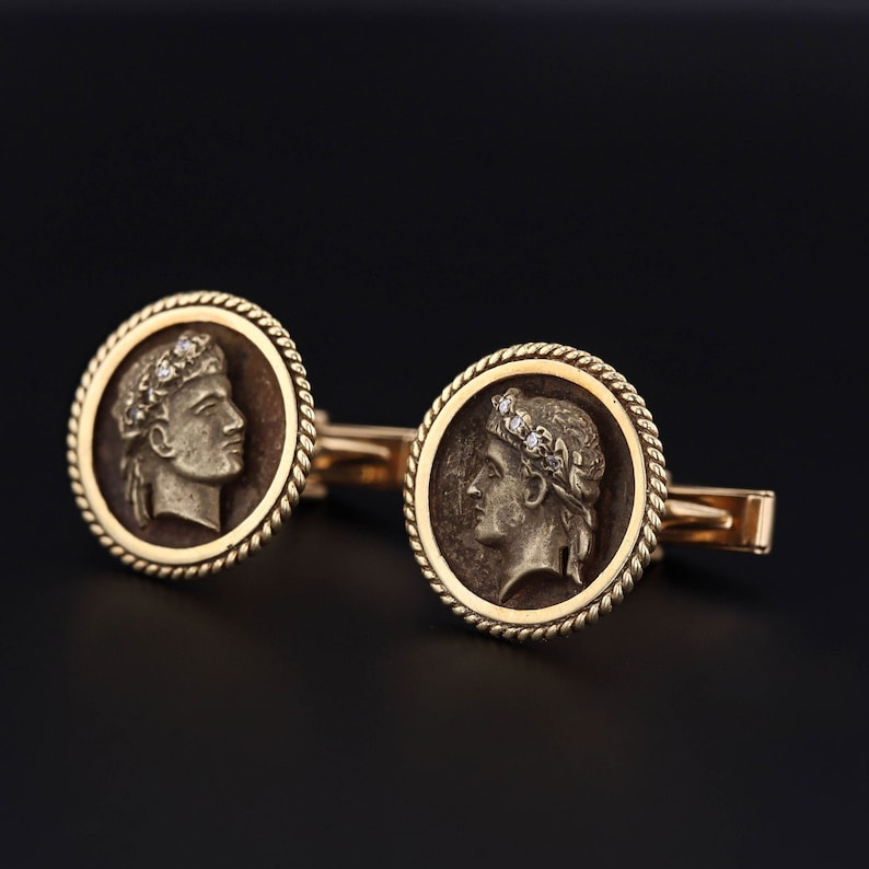 Vintage Julius Caesar Diamond Cameo Cufflinks of 14k Gold image 1
