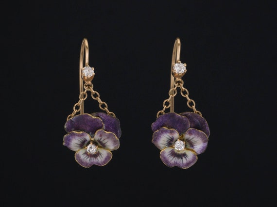 14k Gold & Enamel Pansy Earrings | Antique Convers