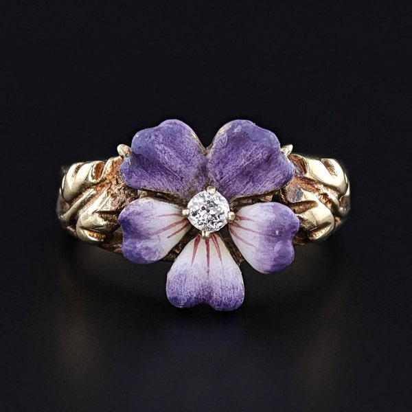 Antique Enamel Pansy Ring of 14k Gold