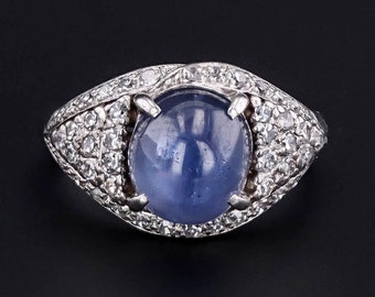 Vintage Natural Star Sapphire and Diamond Ring of Platinum