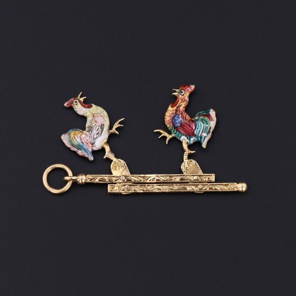 Antique Enamel Moveable Cockfight Pendant of 14k Gold