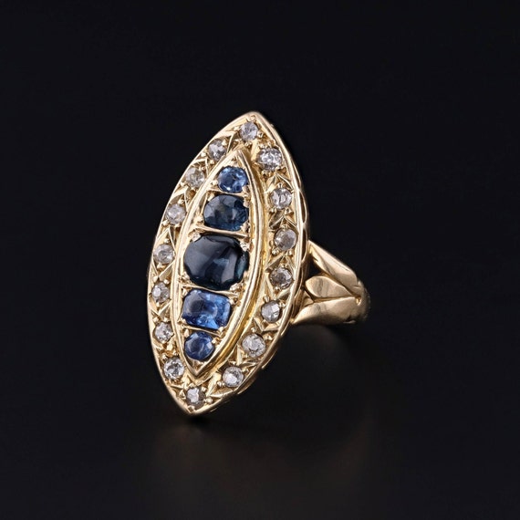 Antique Sapphire and Diamond Navette Ring of 18k … - image 2