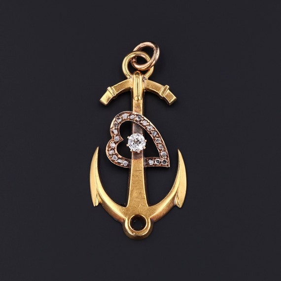 Antique Anchor with Diamond Heart Pendant of 18k … - image 1