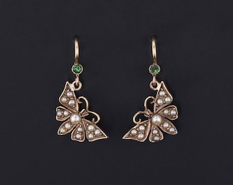 Antique Pearl and Garnet Butterfly Conversion Earrings of 14k Gold