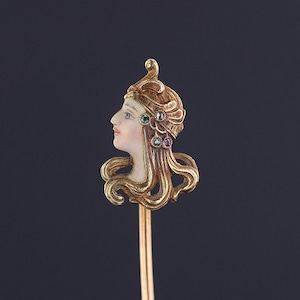Antique French Enamel Woman Stickpin of 18k Gold