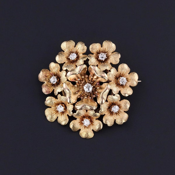 Broche de flor de diamantes antiguo de oro de 14 k