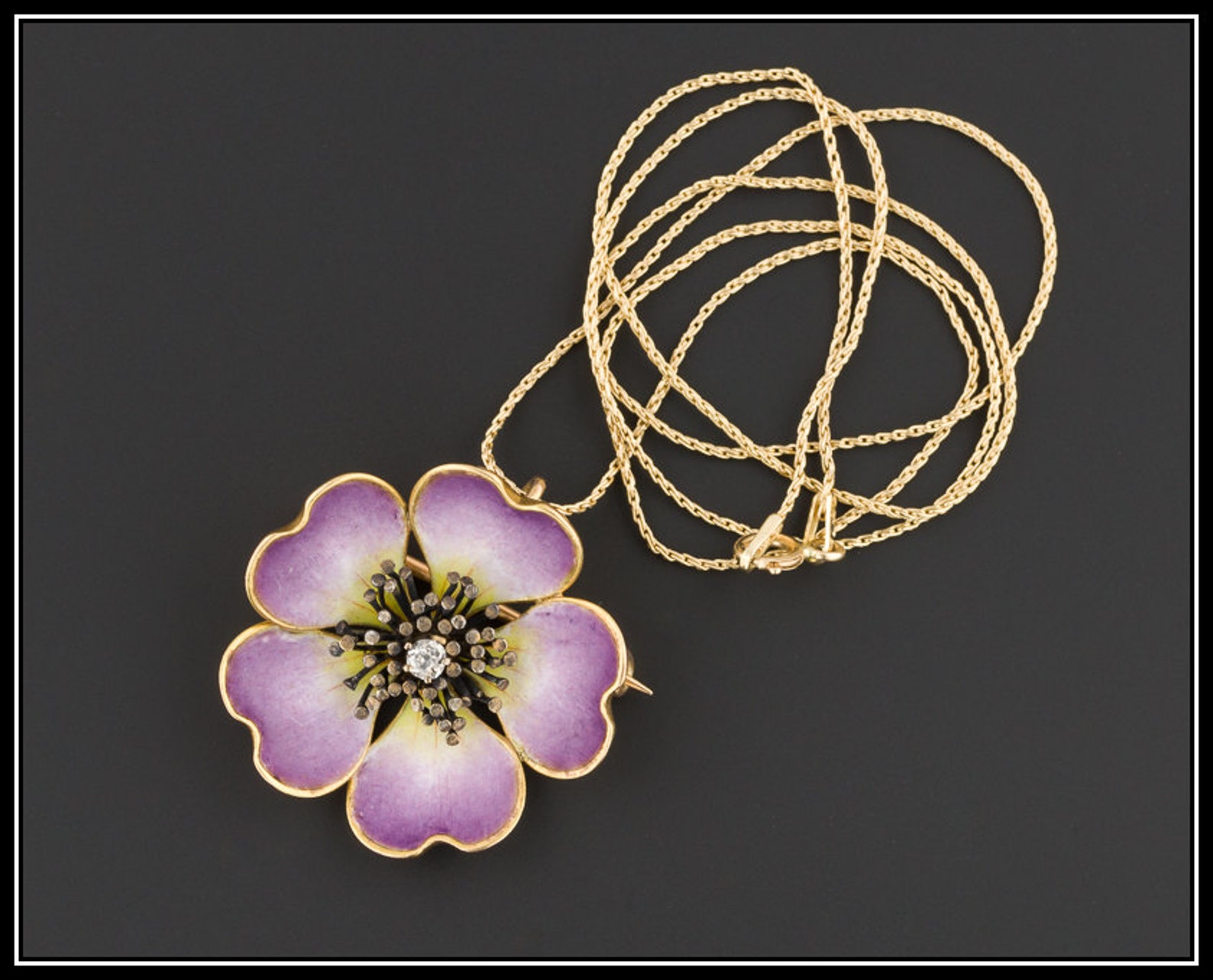 18k Gold Flower Necklace Purple Enamel Flower Necklace Etsy
