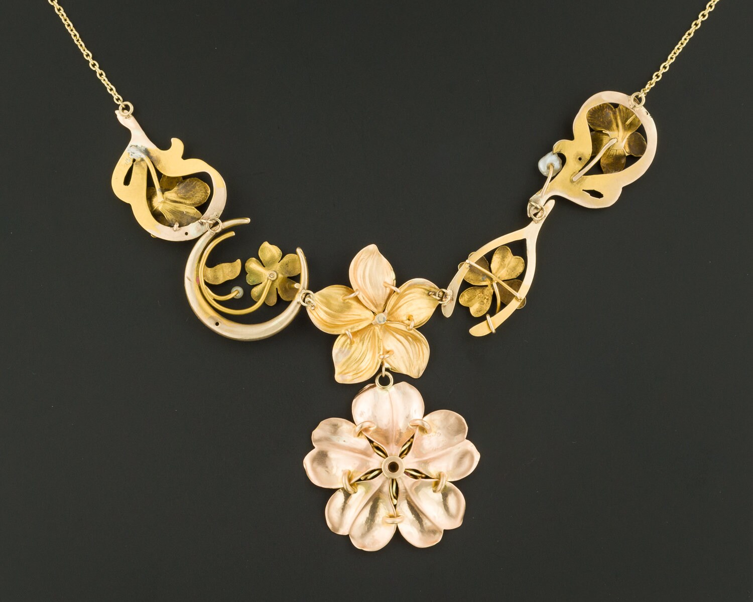 Art Nouveau Gold Flower Necklace 10k 