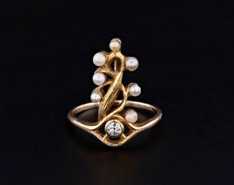 Surrealist Pearl and Diamond Eye Ring of 14k Gold