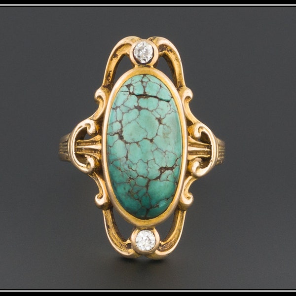 Antique Turquoise & Diamond Ring | Art Nouveau 14k Gold Turquoise Ring | Antique Art Nouveau Ring | December Birthstone | Size 6 ring