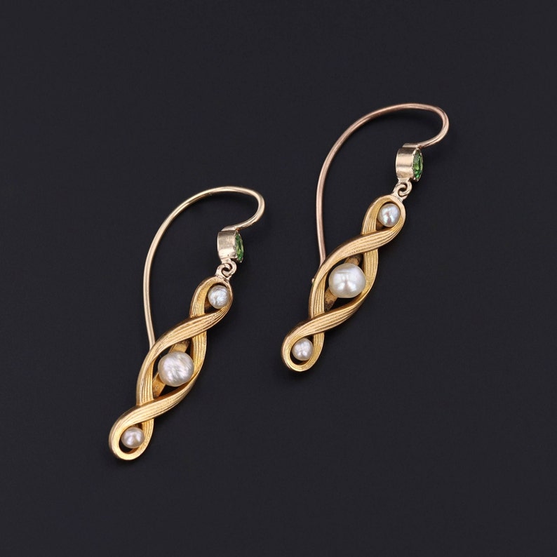 Antique Pearl and Tsavorite Garnet Earrings of 14k Gold image 3