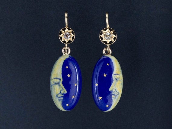 Antique Man in the Moon Earrings | 14k Gold Enamel