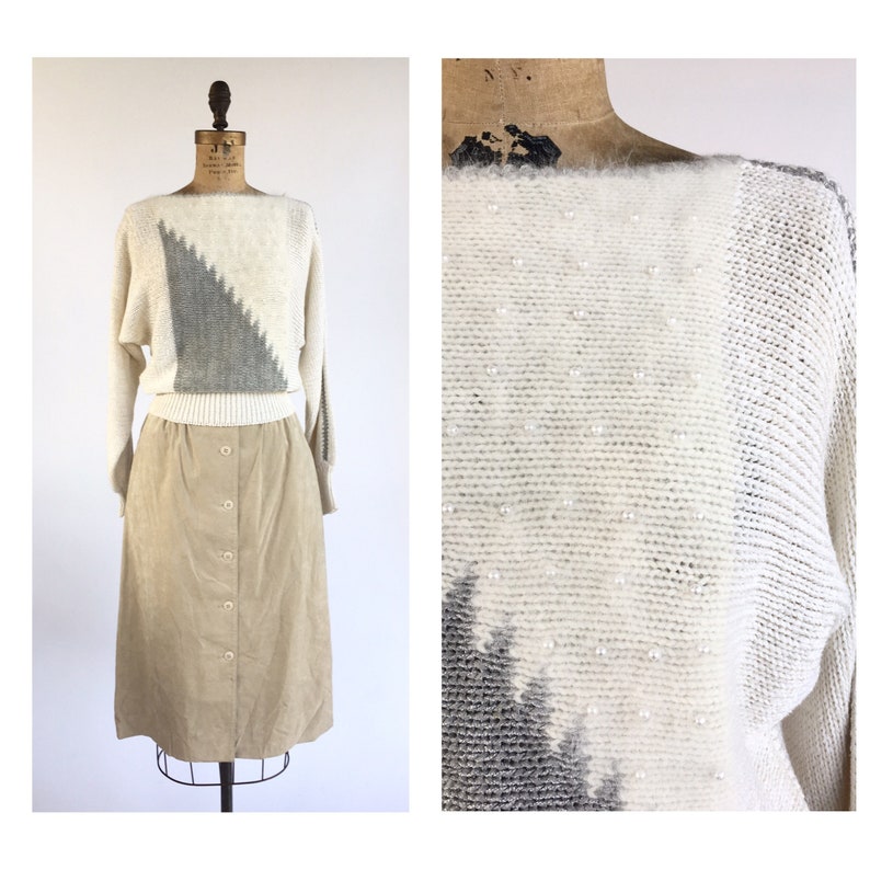 1980/'s Batwing Art Sweater With Pearl Beading