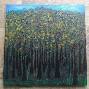 Forest painting, tree painting, original art, acrylic painting, walk in the woods, 12x12inch painting