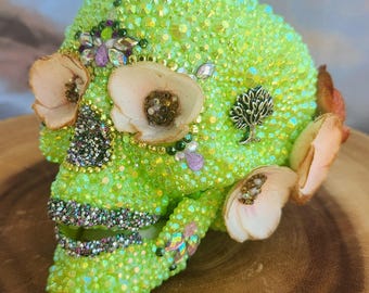 Green iridescent Butterfly Gem Skull: Bejeweled Skeleton Head