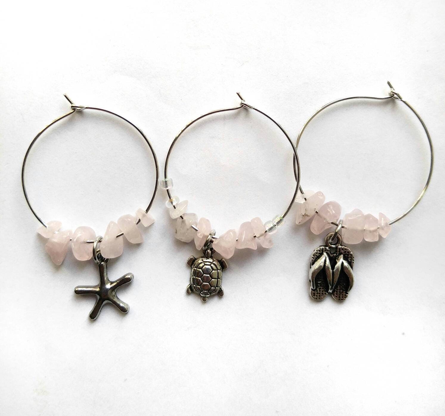 Rose Quartz Wine Glass Charms, Hostess Gift, Teacher Gift, Beach Wine