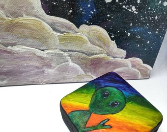 Ufo art, galaxy painting, alien home decor, wall art, celestial painting, colorful home decor, trinket box, rainbow, 5x7 Acrylic painting