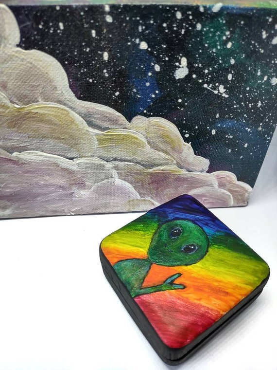 Alien Trinket Box & Galaxy Painting: Rainbow Metallic Acrylic Art