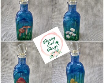 Mushroom jar, painted glass herb bottle, original art mushroom decor, mushroom herb jar