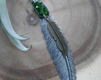 Green Feather Statement Necklace, Green Crystal Feather Necklace, Feather Jewelry, Wanderlust Necklace, Boho Jewelry, Hippie Feather Jewelry